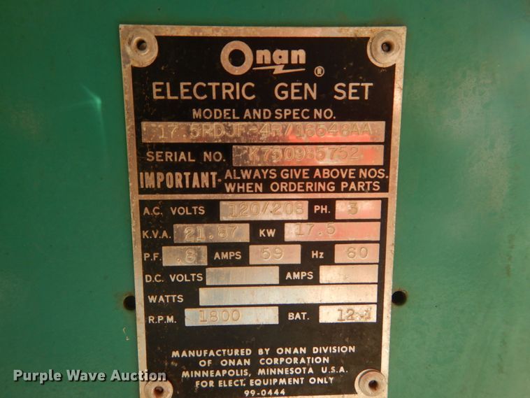 image for item DH2081 1975 Onan Electric Plant 17.5RDJF-4R/16548AA generator