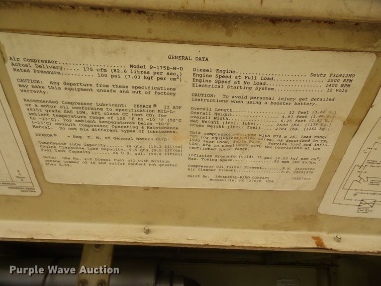 image for item DE2423 Ingersoll Rand P175B-W-D air compressor