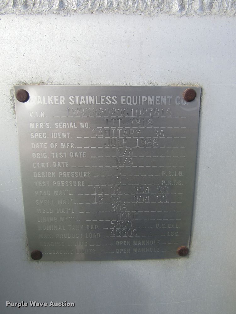 image for item DB4974 1986 Walker 304SS tank trailer