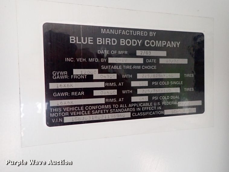 image for item DB7710 2002 Chevrolet Express G3500 Blue Bird school bus