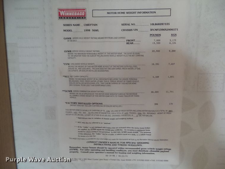 image for item DF0803 1999 Winnebago Chieftain 36WL RV