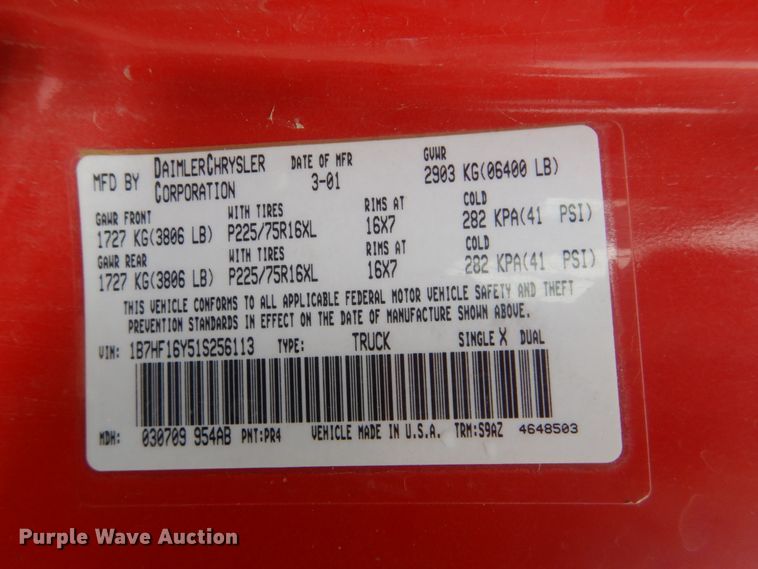 image for item DI2301 2001 Dodge Ram 1500 pickup truck