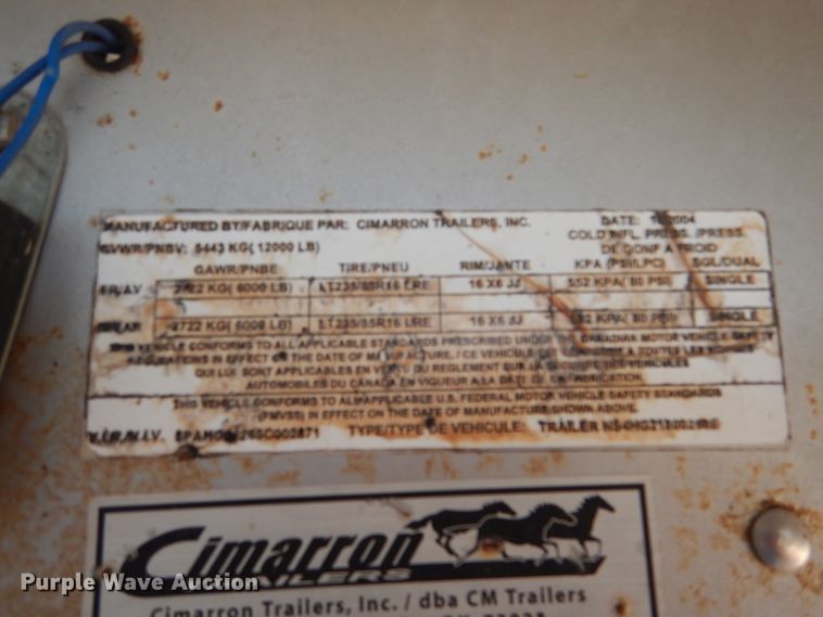 image for item DF2585 2005 Cimarron NS4HG21800260E livestock trailer