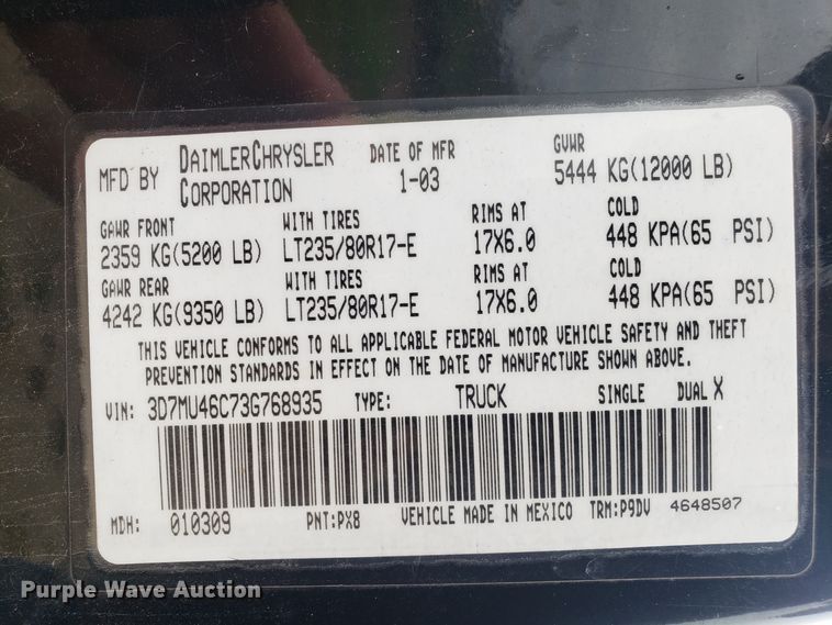 image for item DG8756 2003 Dodge Ram 3500 bale bed pickup truck