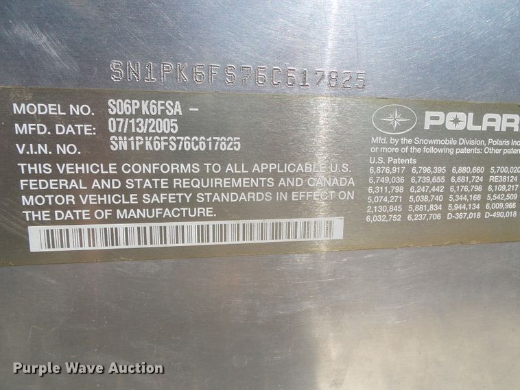 image for item EQ9186 2006 Polaris S06PK6FSA RMK600H.O. snowmobile