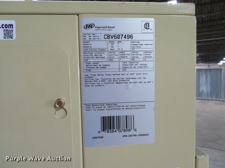 image for item EV9742 Ingersoll Rand UP6-15CTAS-150GRA rotary screw air compressor
