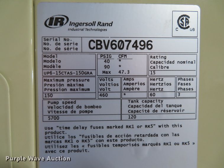 image for item EV9742 Ingersoll Rand UP6-15CTAS-150GRA rotary screw air compressor