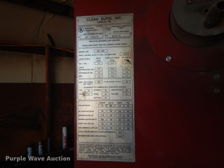 image for item FJ9759 Clean Burn CB1400 waste oil furnace