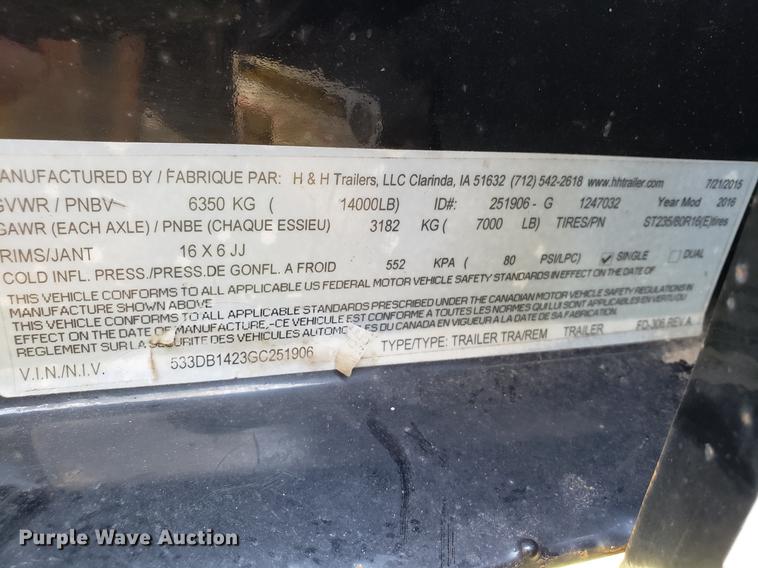 image for item DG7649 2016 H&H dump trailer