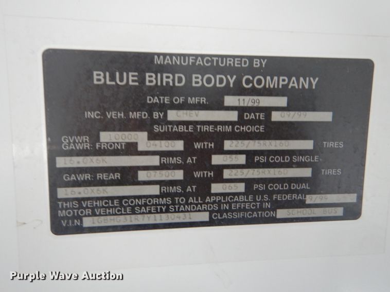 image for item FJ9794 2000 Chevrolet Express 3500 Blue Bird school bus