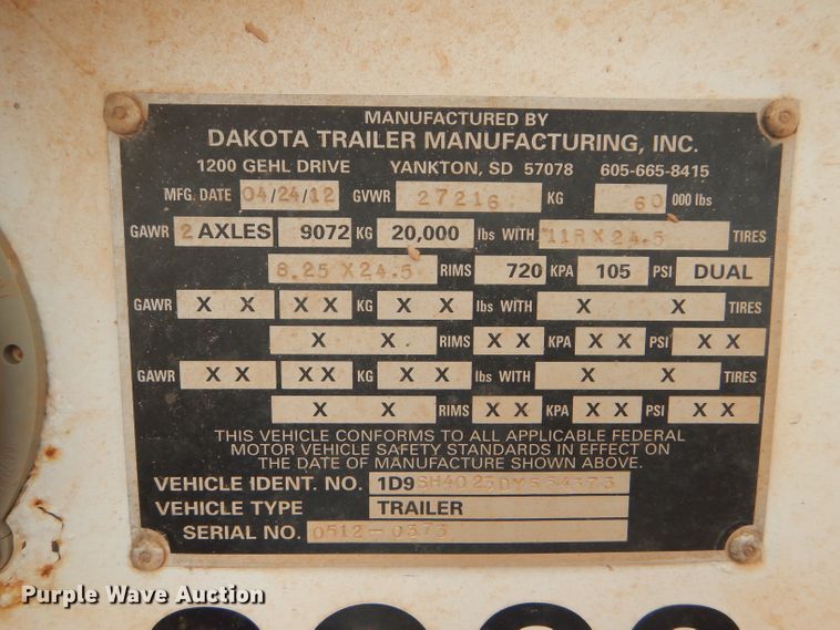 image for item DD4481 2013 Dakota bottom dump trailer