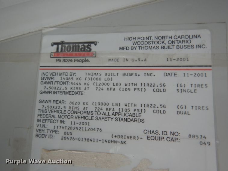 image for item DG5855 2002 Thomas Built Saf-T-Liner MVP ER bus