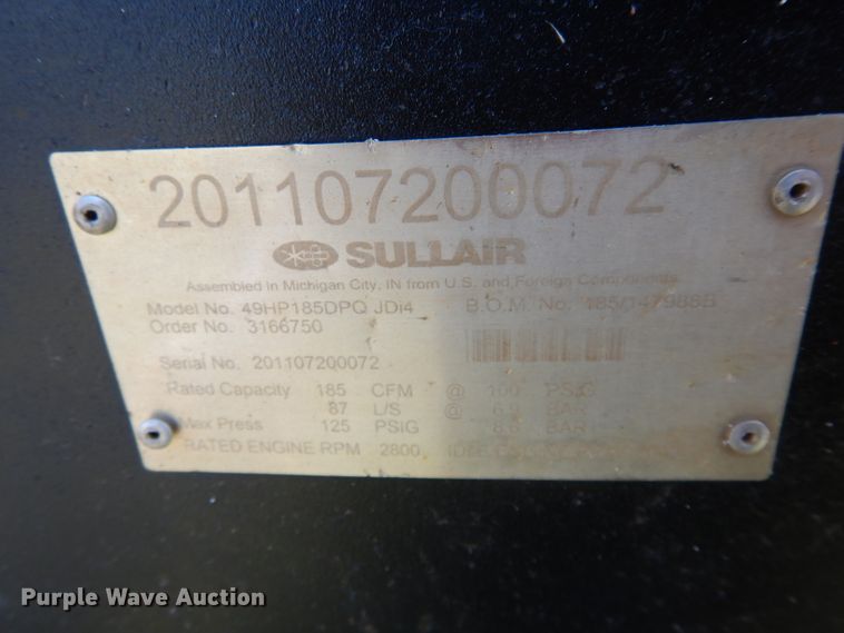 image for item FK9884 2011 Sullair 49HP185 air compressor