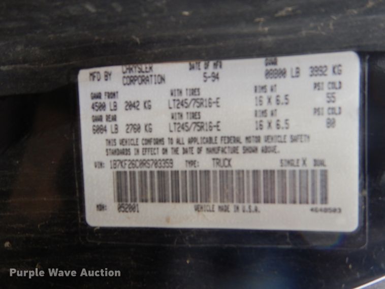 image for item FU9633 1994 Dodge Ram 2500 flatbed pickup truck