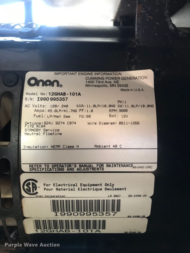 image for item H1140 Onan RS12000 generator and transfer panel