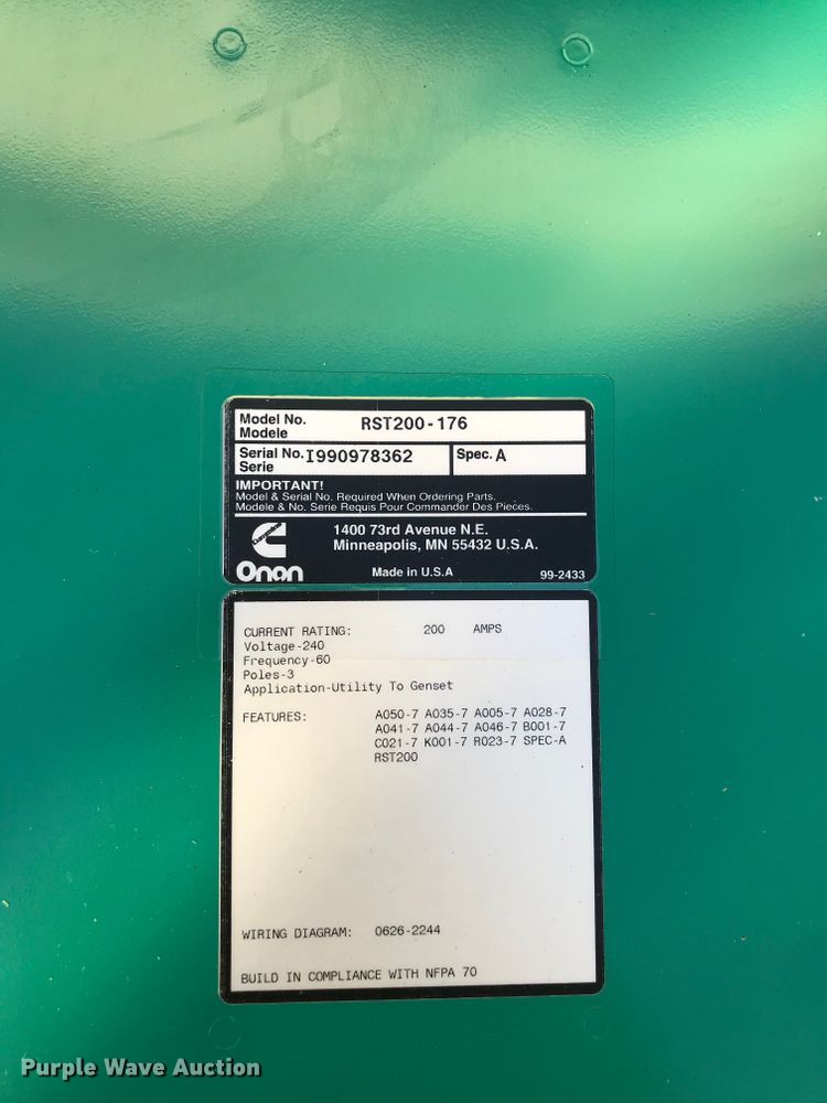 image for item H1140 Onan RS12000 generator and transfer panel