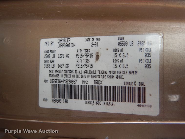 image for item EC9002 1991 Dodge D150 pickup truck