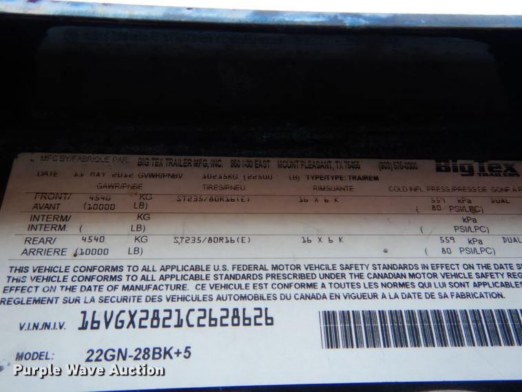 image for item DH2114 2012 Big Tex 22GN-28BK+5 equipment trailer