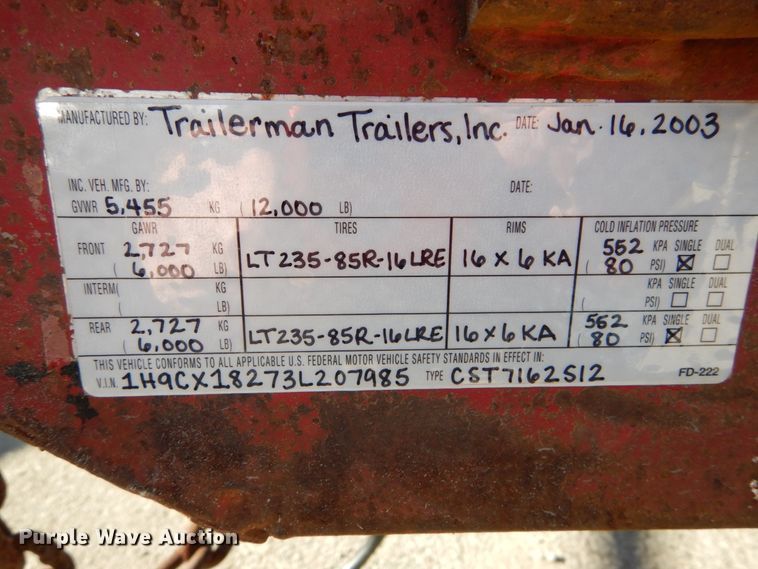 image for item DH2115 2003 Trailerman equipment trailer