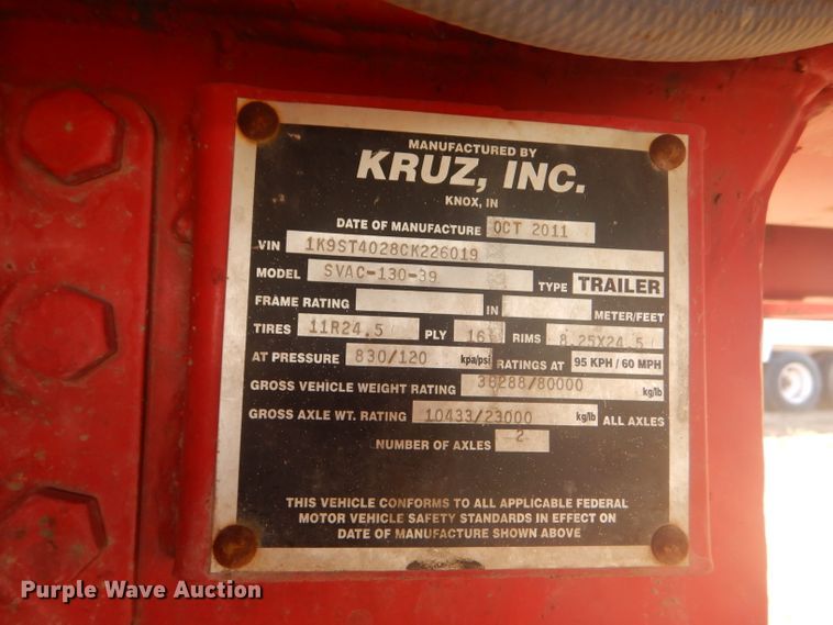 image for item DG0277 2012 Kruz SVAC-130-39 vacuum trailer