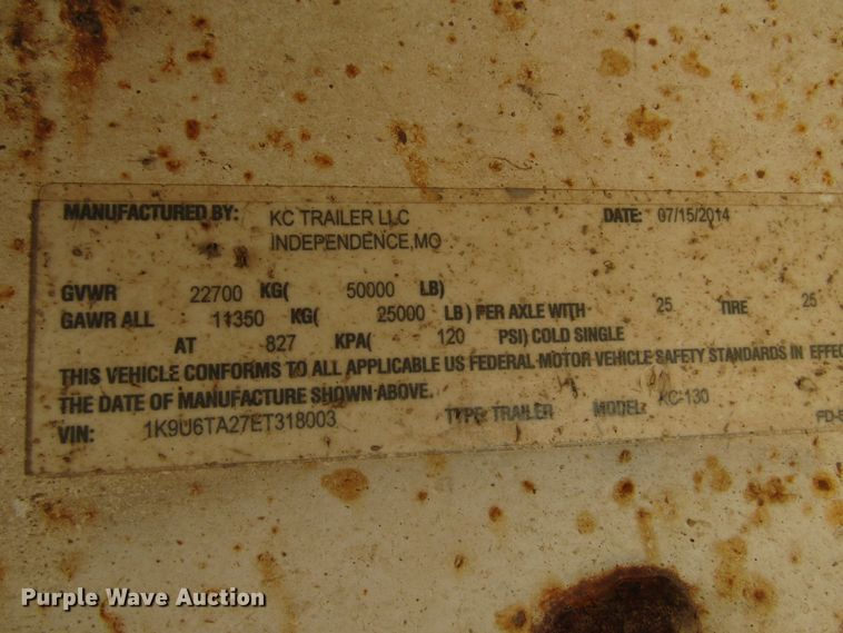 image for item DG0288 2015 KC Trailers KC130 tank trailer