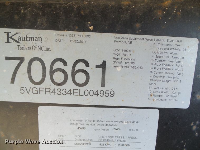 image for item DG0304 2014 Kaufman FR50DT-25K-43 lowboy equipment trailer