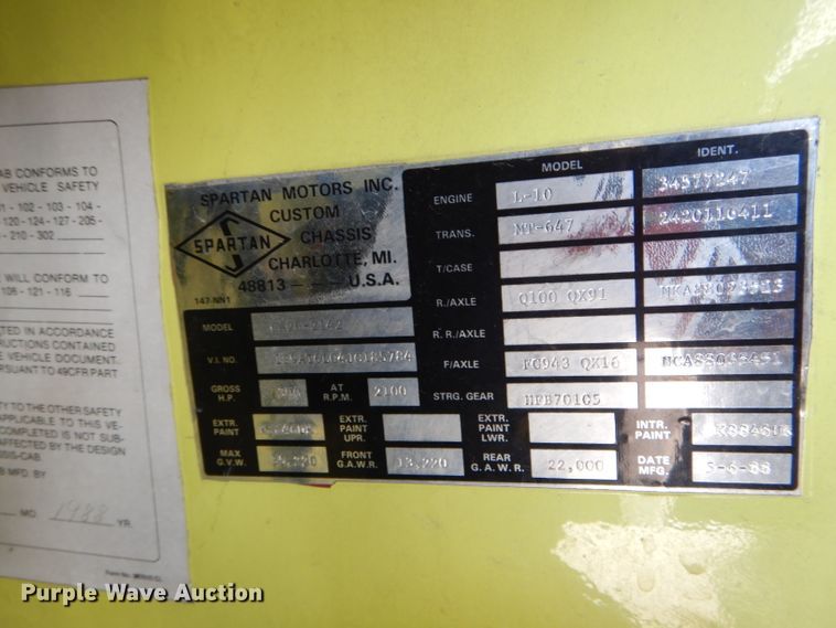 image for item DE8522 1988 Spartan GA26-2142 fire truck