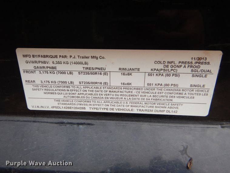 image for item DD4554 2014 PJ DL142 dump trailer