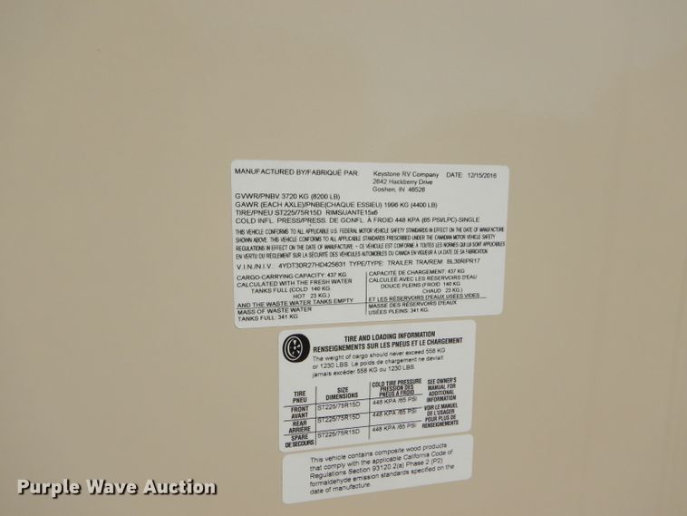 image for item FJ9821 2017 Keystone Bullet Premier BL30RIPR17 camper