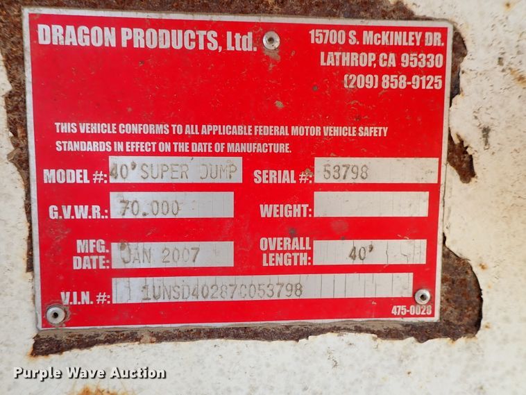 image for item DB7543 2007 Dragon 40 Super Dump bottom dump trailer