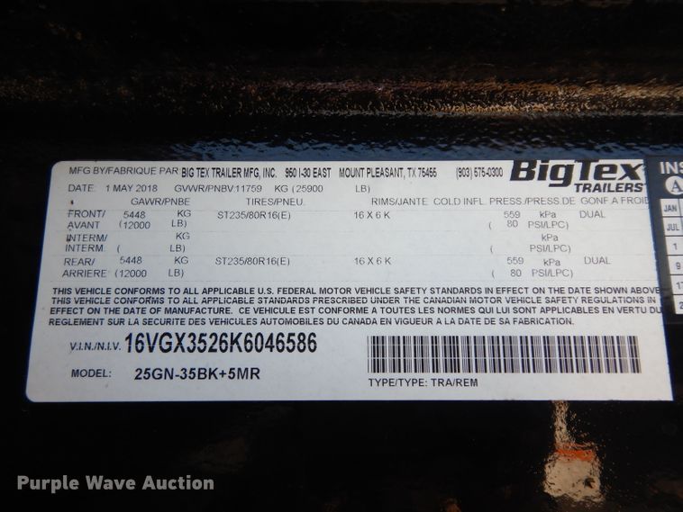 image for item DE4112 2019 Big Tex 25GNHD equipment trailer