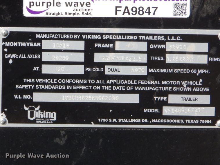 image for item FA9847 2019 Viking VFD46R16F35T drop deck equipment trailer