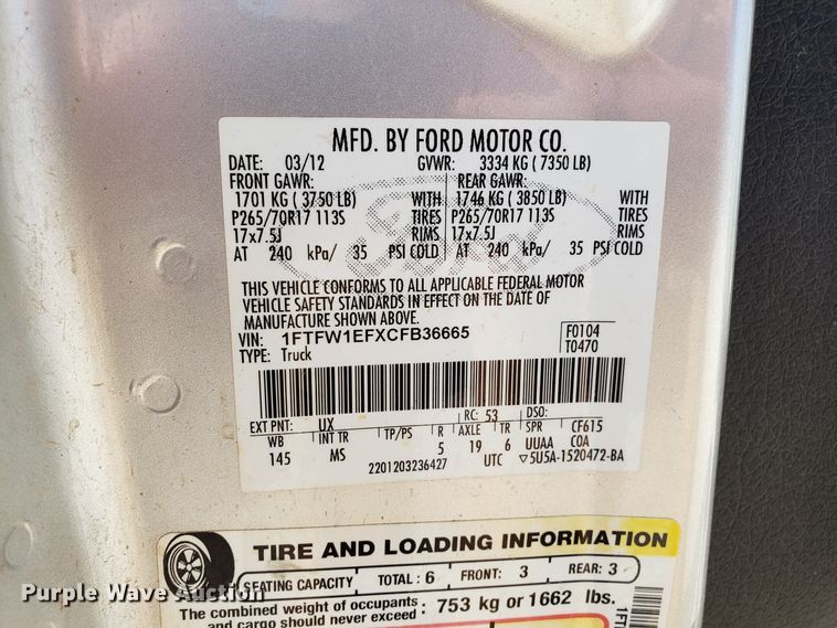 image for item ET9987 2012 Ford F150 SuperCrew pickup truck