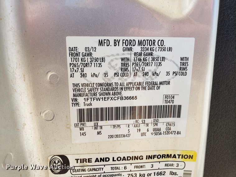 image for item ET9987 2012 Ford F150 SuperCrew pickup truck