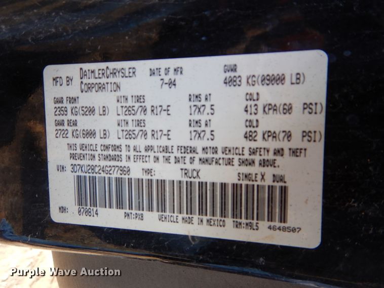 image for item DH2712 2004 Dodge Ram 2500 Quad Cab pickup truck