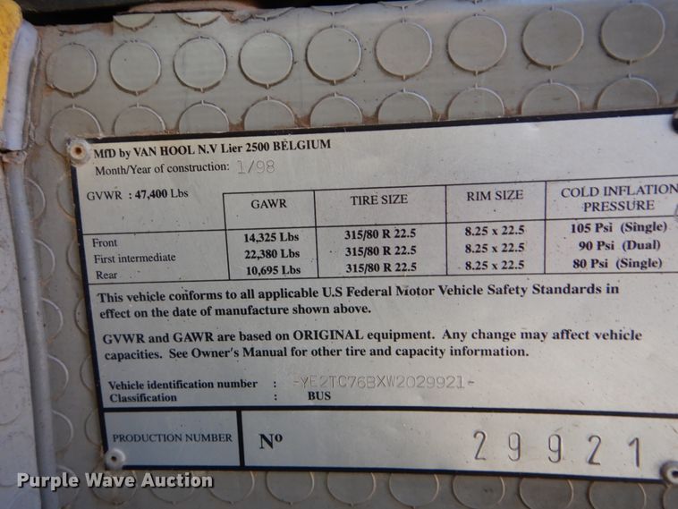 image for item FF9130 1998 Van Hool T945 coach bus