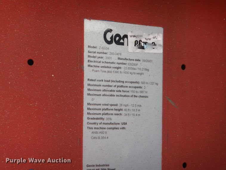 image for item GF9910 2001 Genie Z60/34 boom lift