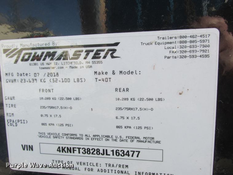 image for item DA8339 2018 Towmaster T-40T tilt deck equipment trailer