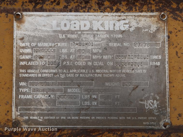 image for item DG4244 2001 Load King HDD503 lowboy equipment trailer