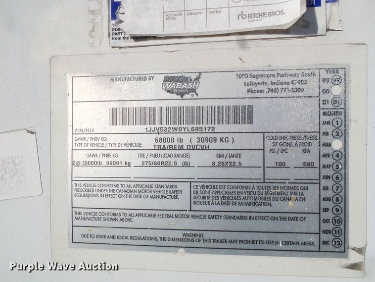 image for item DG5552 2000 Wabash TRA/RFM DVCVH dry van trailer