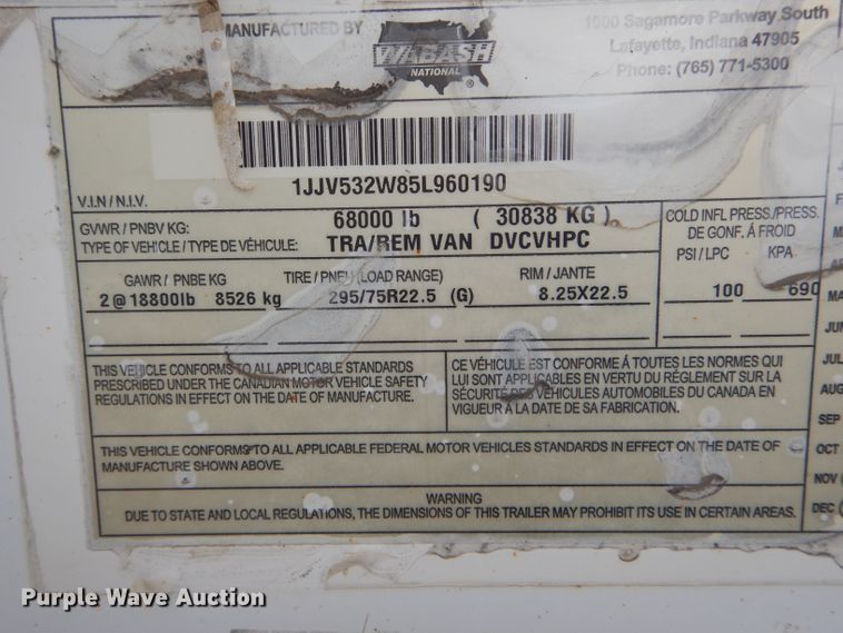 image for item DH6862 2005 Wabash dry van trailer