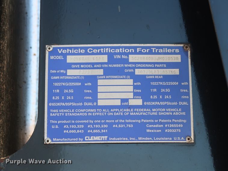 image for item GD9868 2018 Clement Monstar 4089 end dump trailer