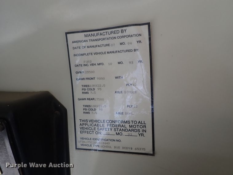 image for item DC3422 1994 Ford F700 Am Tran school bus