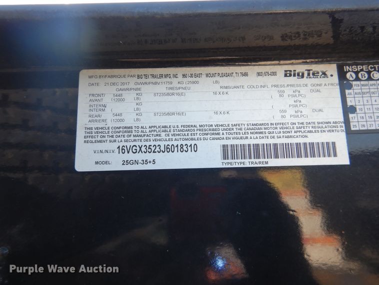 image for item DE4080 2018 Big Tex 25GNHD35+5 equipment trailer