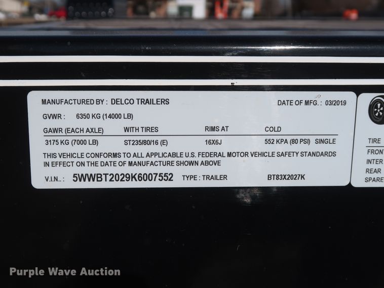 image for item DH0764 2019 Delco BT83X2027K tilt deck equipment trailer