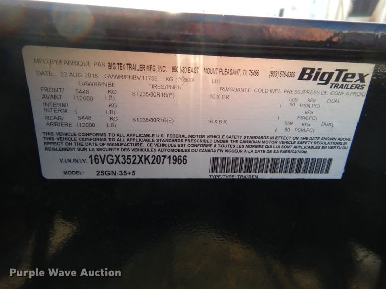 image for item DH4281 2019 Big Tex 25GN-35+5 equipment trailer