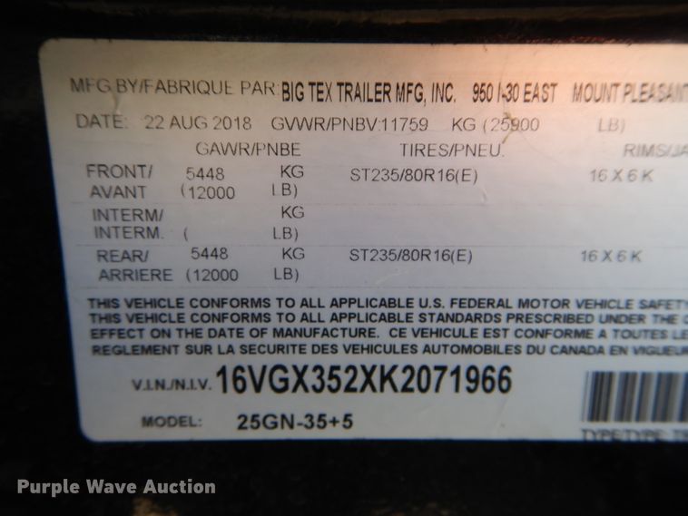 image for item DH4281 2019 Big Tex 25GN-35+5 equipment trailer