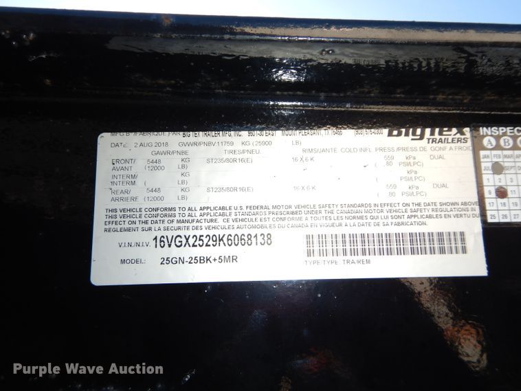 image for item DH4282 2019 Big Tex 25GN-25BK+5MR equipment trailer