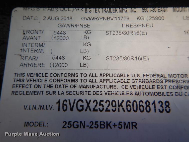 image for item DH4282 2019 Big Tex 25GN-25BK+5MR equipment trailer