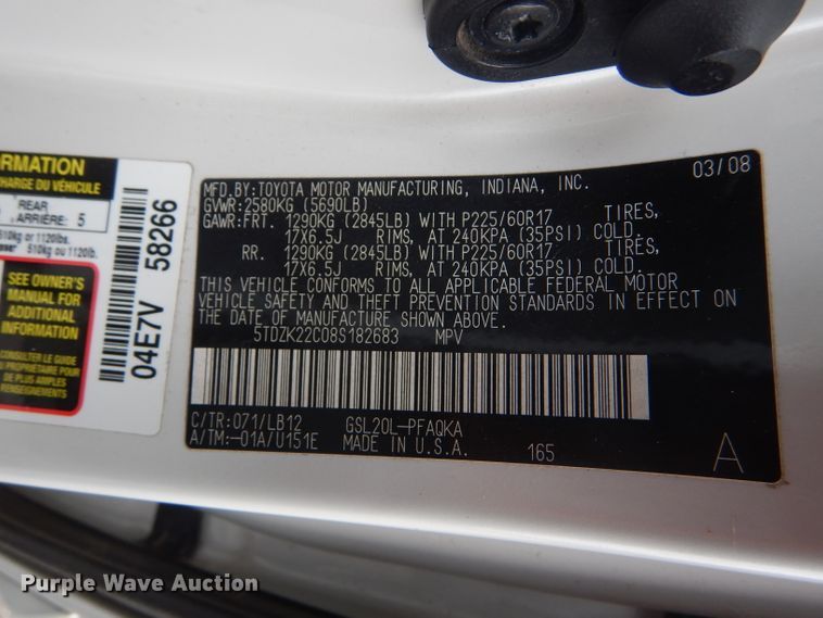 image for item FJ9883 2008 Toyota Sienna XLE van